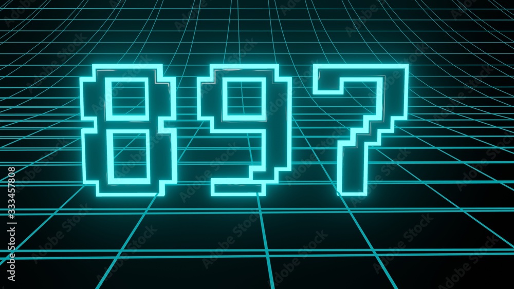 Number 897 in neon glow cyan on grid background, isolated number 3d render Number 897 in neon glow cyan on grid background, isolated number 3d render