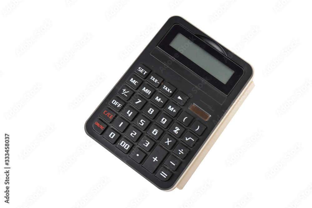 close up of one small calculator for house use or for school children for mathermatic, isolated on white background with clipping path. close up of one small calculator for house use or for school children for mathermatic, isolated on white background with clipping path.