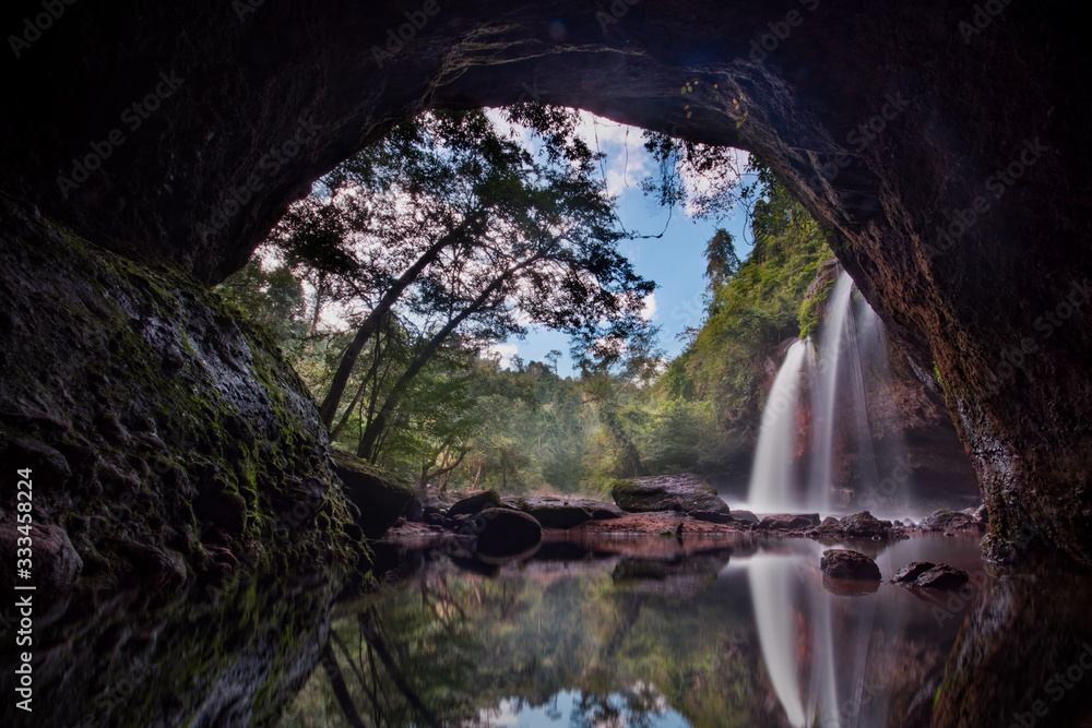 Waterfall in tropical forest at Khao Yai National Park, Thailand. Waterfall view from inside the cave.