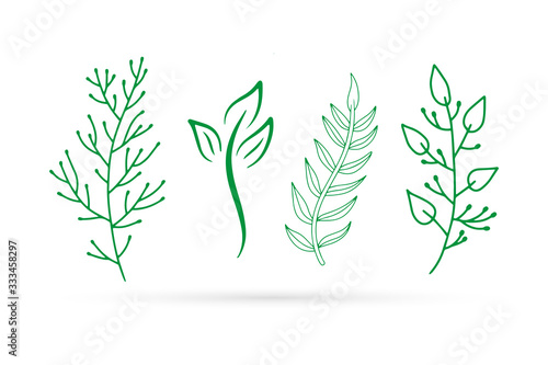 outline branch set with leaves icon isolated on white, eco logo, kids hand drawing art line, spring, summer, autumn, bundle sticker of leaf, sketch vector stock illustration