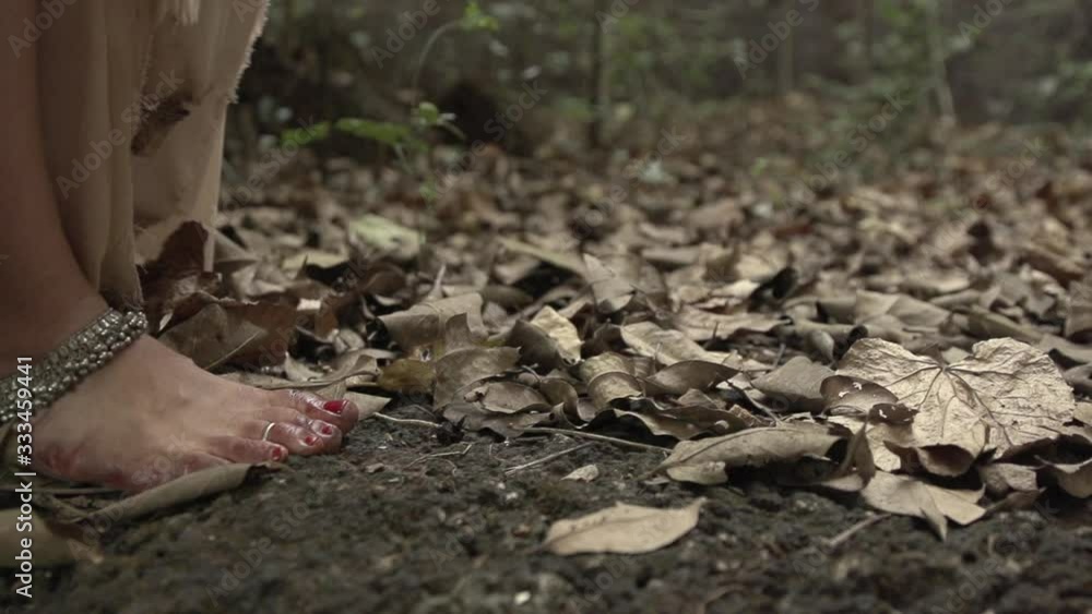 Woman walking in forest with snake in legs. King cobra. Indian forest. Legs walking. Woman walking in forest with snake in legs. King cobra. Indian forest. Legs walking.