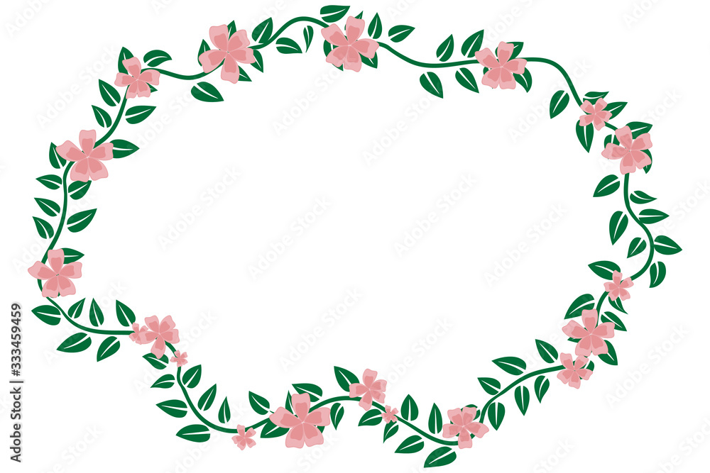 frame of green branches with pink flowers and oval foliage for creativity