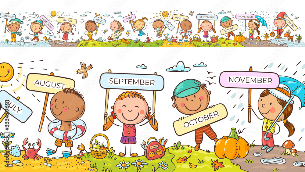 Children with months signs and changing weather and seasons, a long horizontal border or frame Children with months signs and changing weather and seasons, a long horizontal border or frame