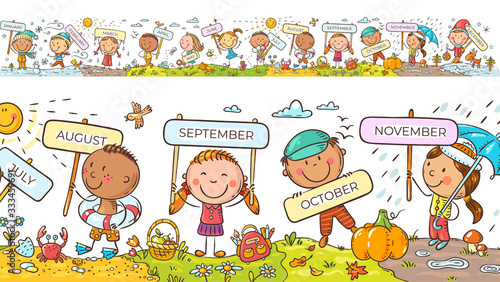 Children with months signs and changing weather and seasons, a long horizontal border or frame