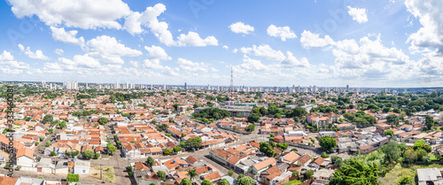 Panoramic aerial view of the Autonomist neighborhood and surroundings, at the city of Campo Grande MS, Brazil. Capital of Mato Grosso do Sul state. Low density area, wooded city in development.