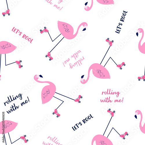 Hand drawing print design. Skater flamingo and slogan seamless vector illustration .