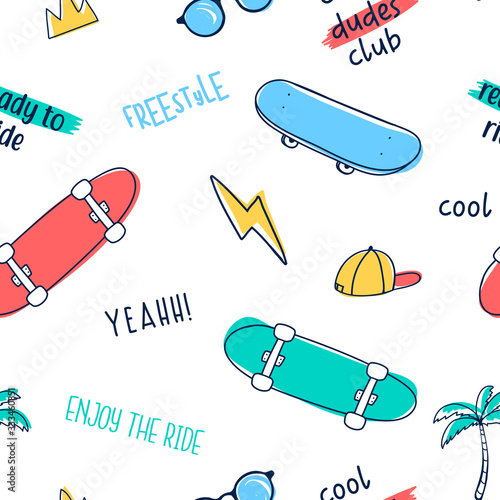 Hand drawing skateboard and other icons seamless pattern vector.