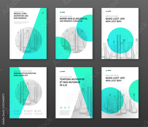 Pharmaceutical brochure cover design layout set with flasks vector illustration. Good for medical annual report, laboratory catalog design, medicine magazine cover.