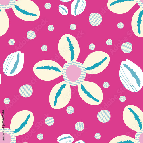 Cowrie shells seamless vector pattern background. Modern hand drawn mussel repeat ocean wildlife theme backdrop. Hot pink marine illustration all over print for summer seaside vacation resort concept.