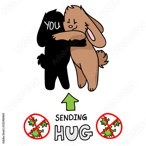 Sending virtual hug corona virus crisis cute bunnies hugging. Defeat sars cov 2 social distancing infographic. Social media love. Viral pandemic support message. Outreach get through together vector.