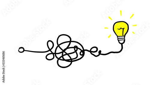 Simplifying the complex, confusion clarity or path vector idea concept with lightbulbs doodle illustration