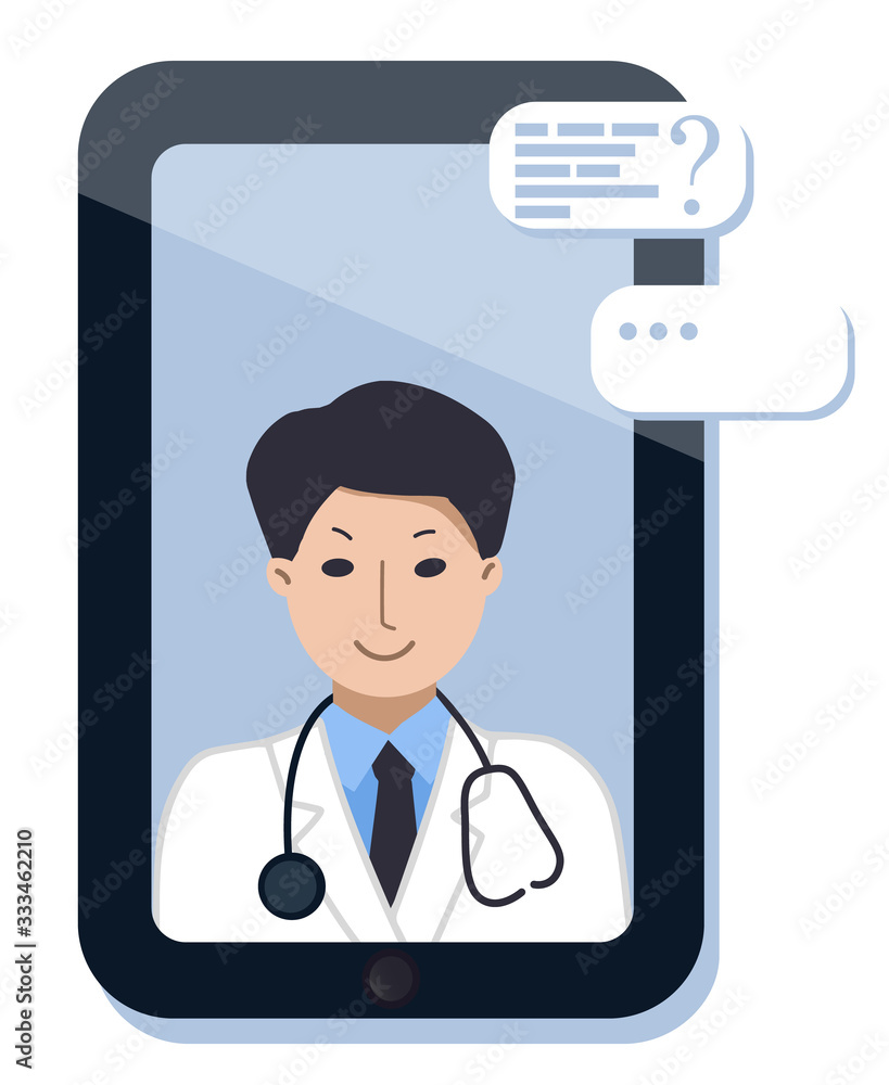 Smartphone or tablet screen with doctor. on chat in messenger and an online consultation.Tele medicine. Vector flat illustration Smartphone or tablet screen with doctor. on chat in messenger and an online consultation.Tele medicine. Vector flat illustration