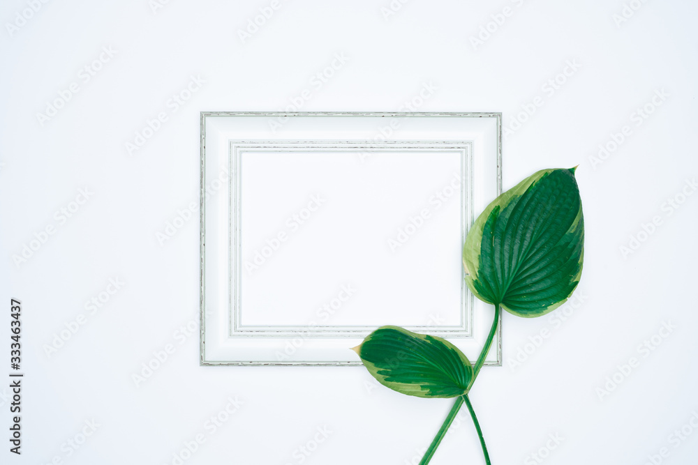 A empty(blank) white photo frame with leaves isolated on white background.