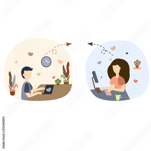 Relation at a long distance. Social distancing. Technology communication. Work from home. Work at home. Illustration vector design.