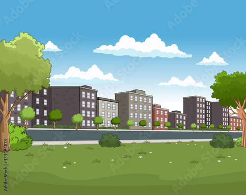 Building in suburb neighborhood. Green park landscape in the city.