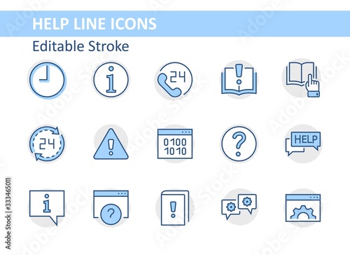 Set of Help And Support Vector Line Icons. Contains such Icons as Handbook, Book, Online Help, Tech Support and more. Editable Stroke. 32x32 Pixels