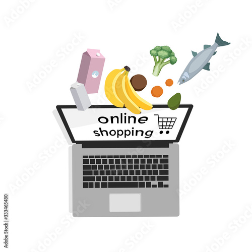 Online shopping. Laptop and food bananas, milk, avocado, oranges, coconut, broccoli, fish. Vector illustration. Top view. Stay home.