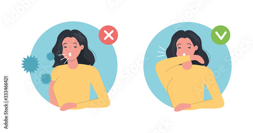 How to sneeze right and wrong Infographic. Woman character sneezing in elbow. Virus spread prevention. Flat vector illustration.