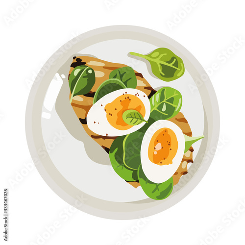 Boiled egg halves and grilled chicken breast with spinach and spice on the rounded plate. Vector illustration isolated on a white background.