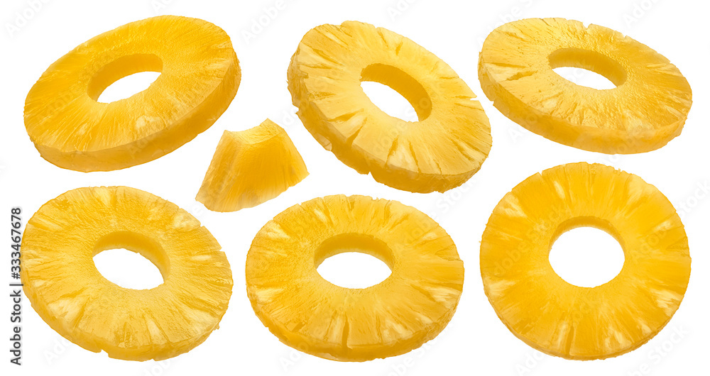 Canned pineapple rings isolated on white background