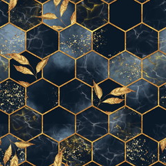 Handdoek met foto Marmeren hexagons patronen Marmeren hexagons met gouden bladeren  © Gribanessa