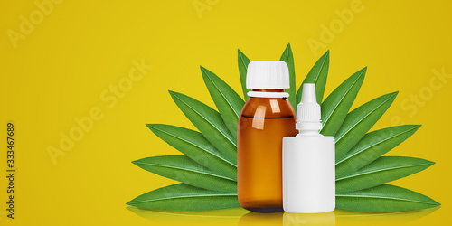 Medical bottle and nasal spray with green leafs.