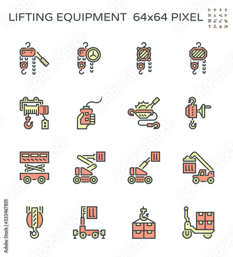 Winch and lifting equipment vector icon set, 64x64 pixel perfect and editable strok
