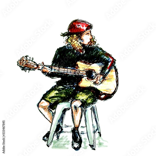 hand drawn young man sitting and playing the guitar isolated on white © Мария Шаламова