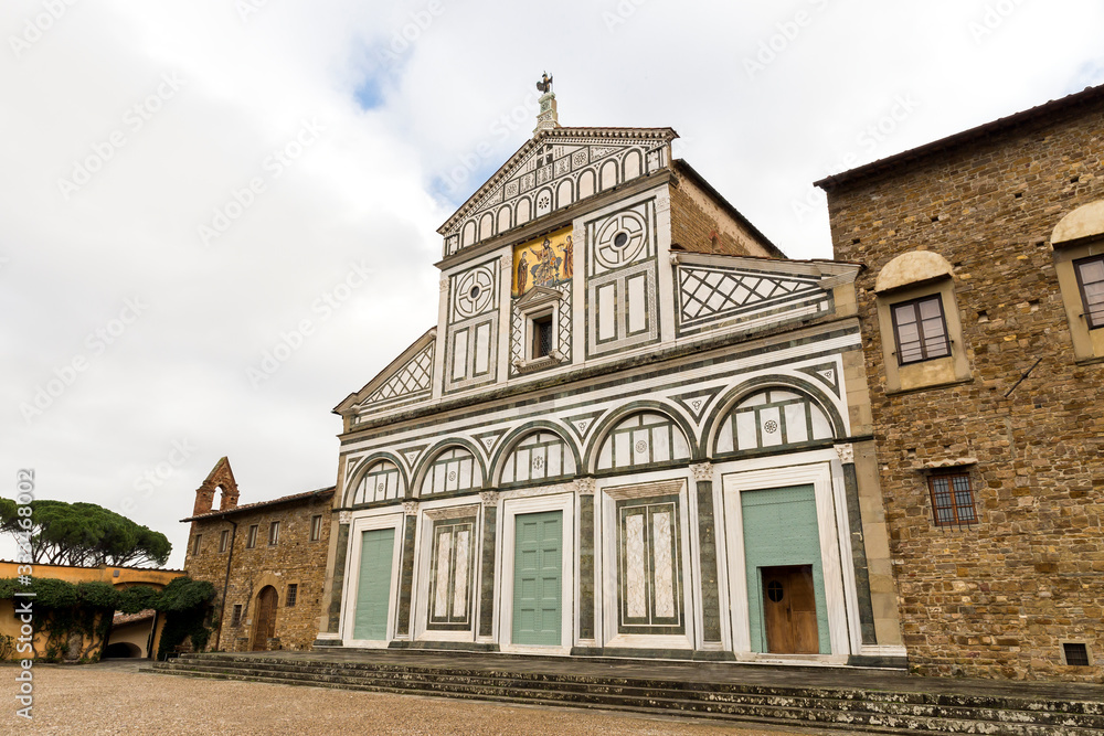 Facade of Basilica of San Miniato al Monte (St. Minias on the Mountain) in Florence, Italy.