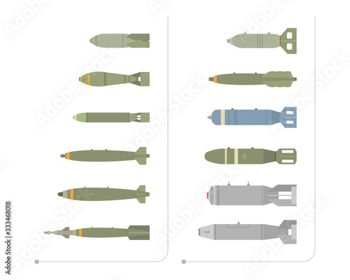 The set of aerial bombs is isolated on a white background. The set of bombs has different forms and colors. Vector illustration, eps 10.
