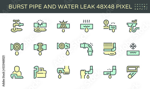 Burst pipe and water leak vector icon set design, 48X48 pixel perfect and editable stroke.