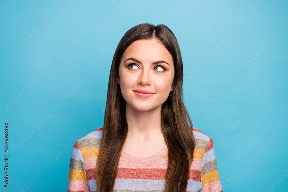 Fototapeta premium Close-up portrait of her she nice attractive lovely pretty cute curious brainy cheerful girl freelancer creating new strategy isolated over bright vivid shine vibrant blue color background