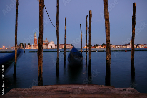 Long exposure view of gondolas and San Giorgio Maggiore across the Grand Canal, Venice, Italy