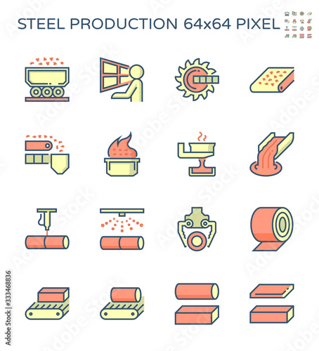Steel production industry, manufacturing and metallurgy vector icon with mining and machine equipment i.e. production line, furnace, foundry. Include process of smelting, casting and making product.