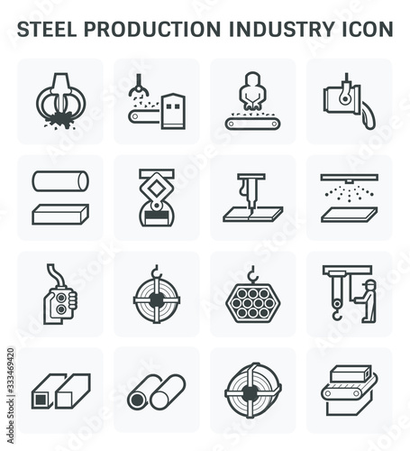 Steel production industry, manufacturing vector icon consist of worker, machine equipment and production line. Include process to casting product of steel, aluminum, iron or stainless i.e. pipe, roll.