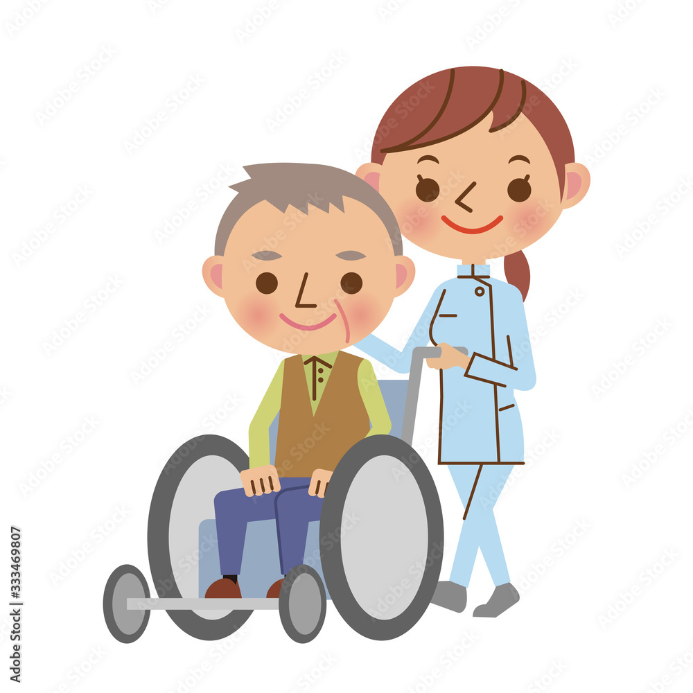 老人の車いすを押す介護士の女性