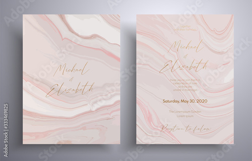 Vector wedding invitation with with swirling paint effect. Pink, beige and white overflowing colors. Beautiful cards that can be used for design cover, invitation, greeting cards, brochure and etc