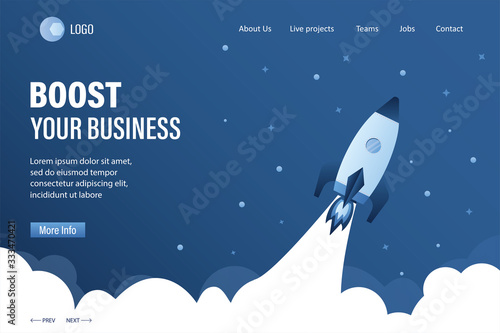 Boost your business landing page template. Spaceship takes off into space. Expansion or optimization