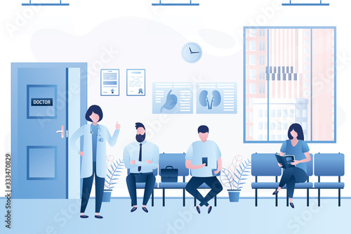 Modern medical clinic hall interior with furniture. Group of people waiting line queue. Woman doctor specialist and patients.