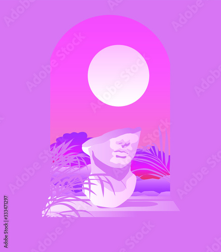 Room interior with open window and  marble sculpture standing on the windowsill. Ambient scene with view on the sunset in cartoon style. 