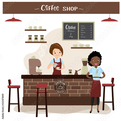 Female caucasian barista and african american waiter in the cafe,