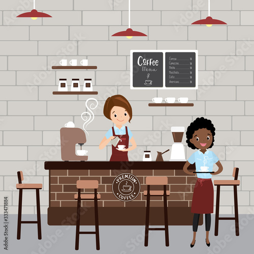 Female caucasian barista and african american waiter in the cafe,restaurant or coffee shop interior