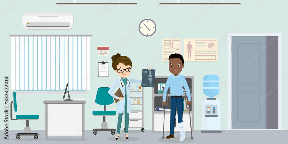 Injured male character on crutches and doctor with leg x-ray,