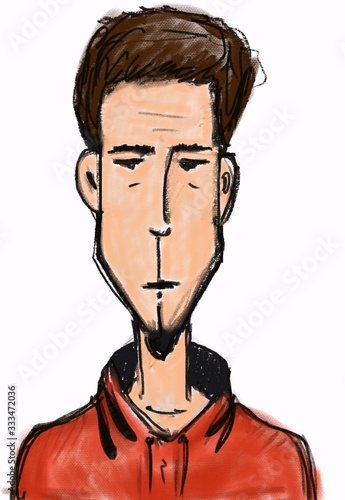 Hand drawn sketch portrait of cartoon character young man in red Isolated On white