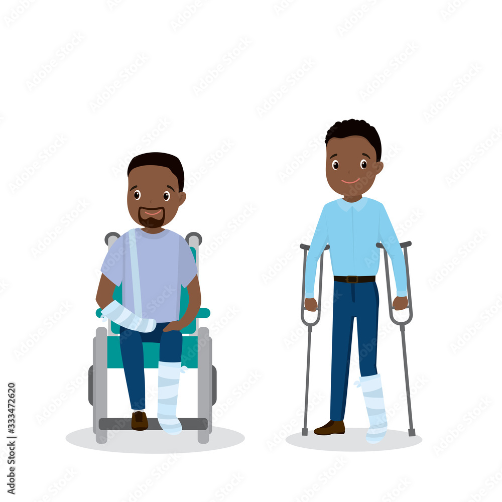 Two injured characters, one on a wheelchair and the other on crutches Two injured characters, one on a wheelchair and the other on crutches