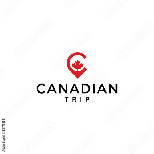 canadian trip travel logo design vector image with red maple and location icon concept illustration