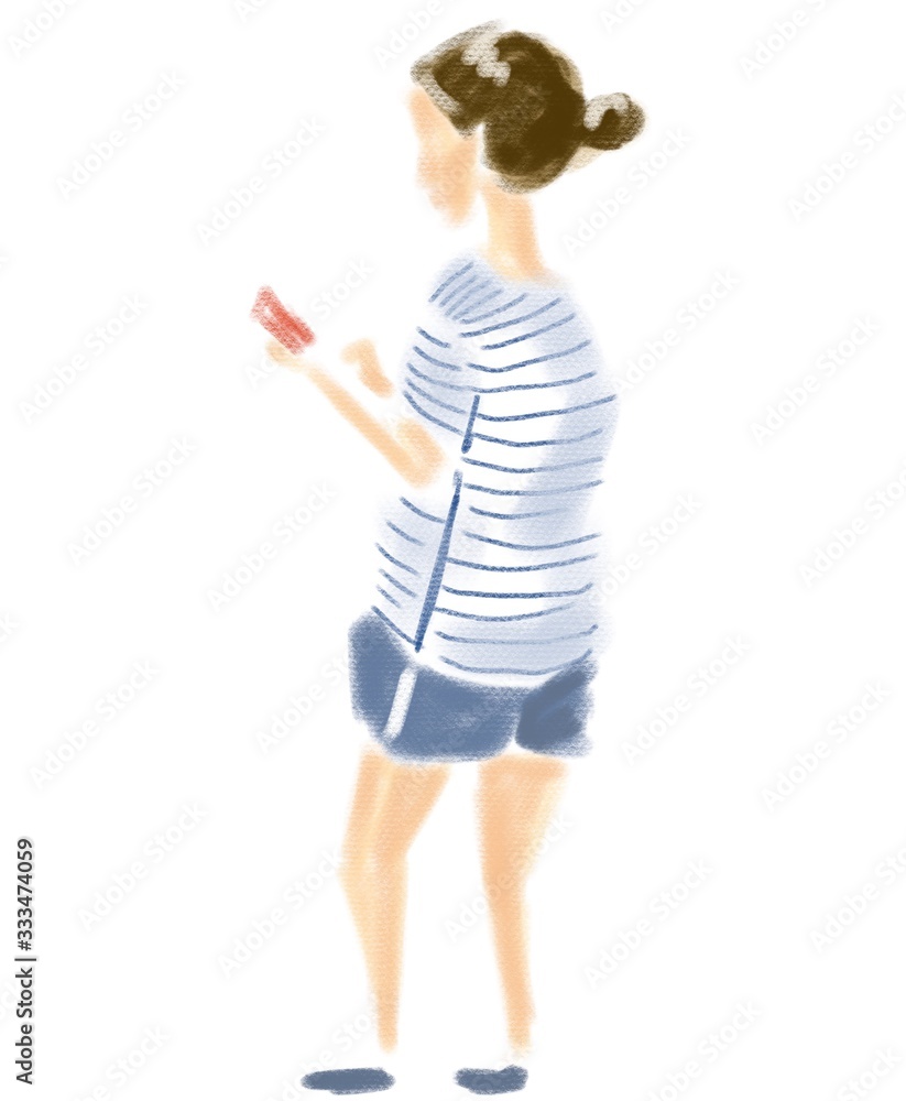 Hand drawn sketch of cartoon character young woman standing and reading isolated on white Hand drawn sketch of cartoon character young woman standing and reading isolated on white