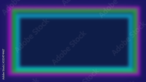 Bright purple, green, blue neon multicolored rectangle box for open text illustration on black background panorama. 