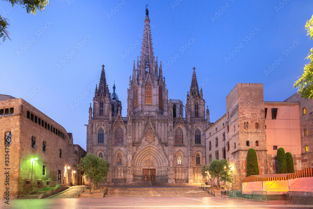 Cathedral of the Holy Cross and Saint Eulalia during morning blue hour, Barri Gothic Quarter in Barcelona, Catalonia, Spain