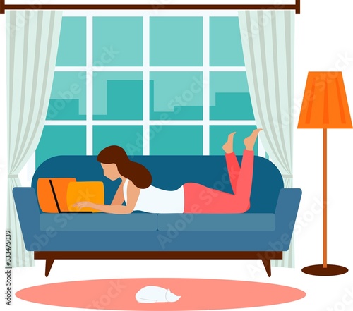 Young woman working on a laptop from home. Vector illustration